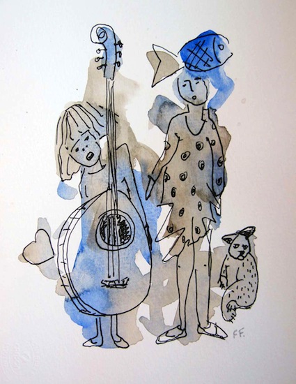 Banjo - Aquarelles - Encre de Chine - Poissons - Chats - Animal - Animaux - Femmes - Instruments de musique - Coeurs - Peintures - Dessins