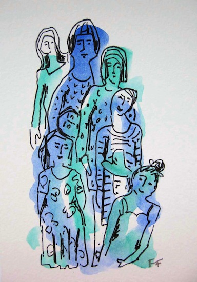 Groupe bleu - Aquarelles - Dessins - Encre de Chine - Hommes - Femmes - Enfants - Groupes - Familles